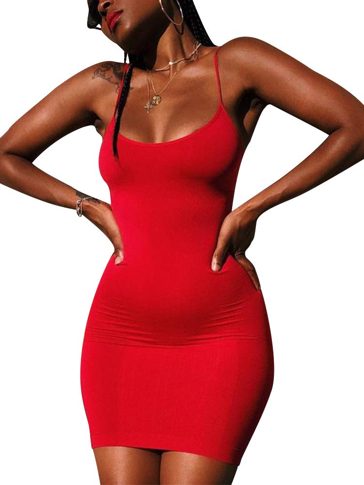 LCNBA Sexy Spaghetti Strap Tank Dress Basic Backless Bodycon Club Party Mini Dress M Red - Image 3